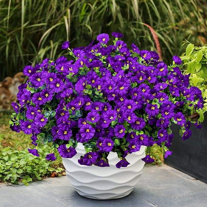 Artificial Outdoor Flowers 16 Bundles Fake Morning Glory Flower Outdoor UV Resistant Plastic Faux Flowers Plants for Decoration Indoor Outdoor Hanging Window Box Planter Home Porch Decor (Purple)