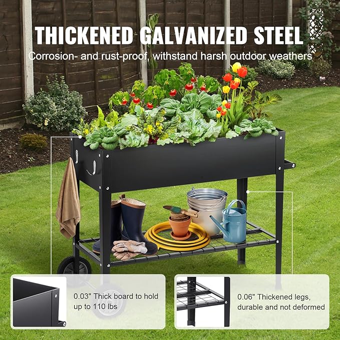 VEVOR Raised Planter Box with Legs and Wheels, Larger Size 43.3x19.5x31.5 Outdoor Elevated Garden Bed On Wheel, Metal Planting Boxes for Growing Flowers/Vegetables/Herbs in Backyard/Garden/Balcony