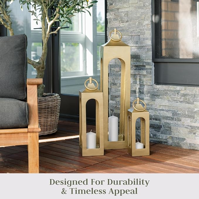 Large Brass Lantern, Rustic Metal Decorative Lantern, Candle Holder for Indoor & Outdoor, Home Decor for Patio, Garden & Tabletop, Hanging Lantern for Parties & Weddings