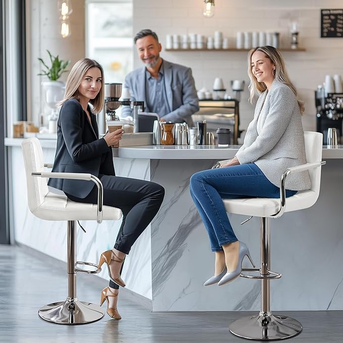 Yaheetech Bart Stools Set of 4, PU Leather Adjustable Barstools with Armrest, Counter Height Stool Chairs with Thickened Seat Cushion for Kitchen Island, White