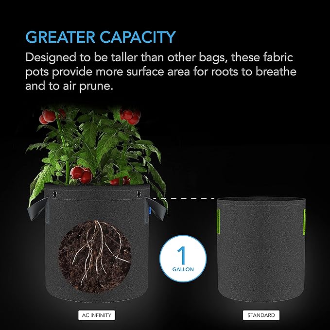AC Infinity Heavy Duty Fabric Pots, 1 Gallon Aeration Reusable Grow Bags 5-Pack with 500G Thick Nonwoven Fabric and Multi-Purpose Rings, for Low Stress Plant Training Fruits, Vegetables, and Flowers