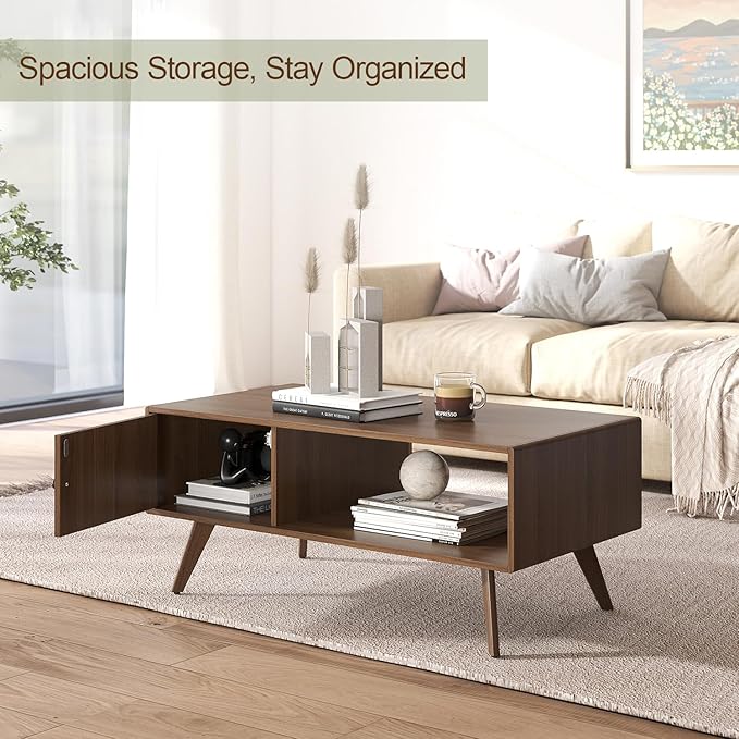 Mid Century Modern Coffee Table with Storage, Walnut Wood Center Table with Cabinet & Open Shelf, Retro Accent Furniture for Living Room & Small Spaces