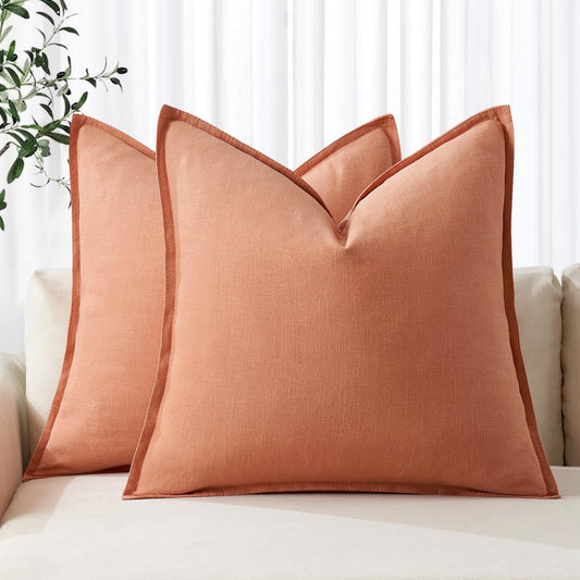 MIULEE Decorative Linen Pillow Covers 18x18 Inch Coral Boho Farmhouse Neutral Couch Throw Pillows for Bed Pack of 2 Accent Modern Pillowcase Summer Sofa Livingroom Home Decor