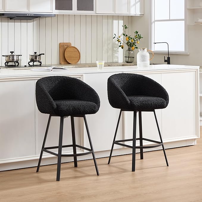 Zesthouse 26'' Modern Counter Height Bar Stools Set of 3, Swivel Barstools with Arms & Backs for Kitchen Counter, Upholstered Black Sherpa Fabric Bar Stools, Kitchen Island Chairs with Metal Legs