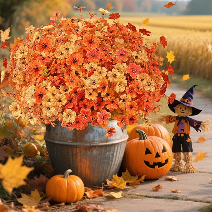 AmyHomie 16 Bundles Artificial Fall Yellow Orange Flowers with Eucalyptus UV Resistant Fake Mums, No Fade – Outdoor Fall Decor for Garden, Porch, Window