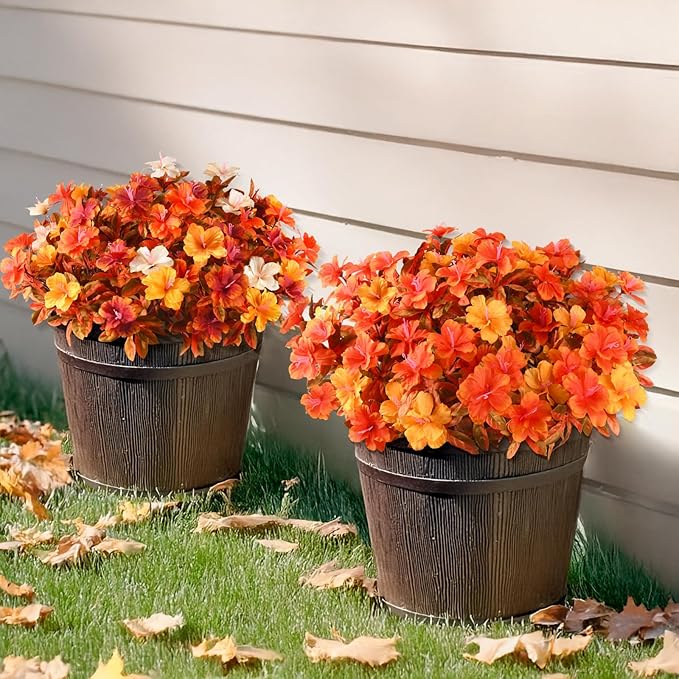 Artificial Fake Fall Flowers for Outdoor Decor 8 Bundles UV Resistant Artificial Plants Outdoor Look Real Faux Silk Autumn Flowers for Porch Planters Garden Yard Decorations