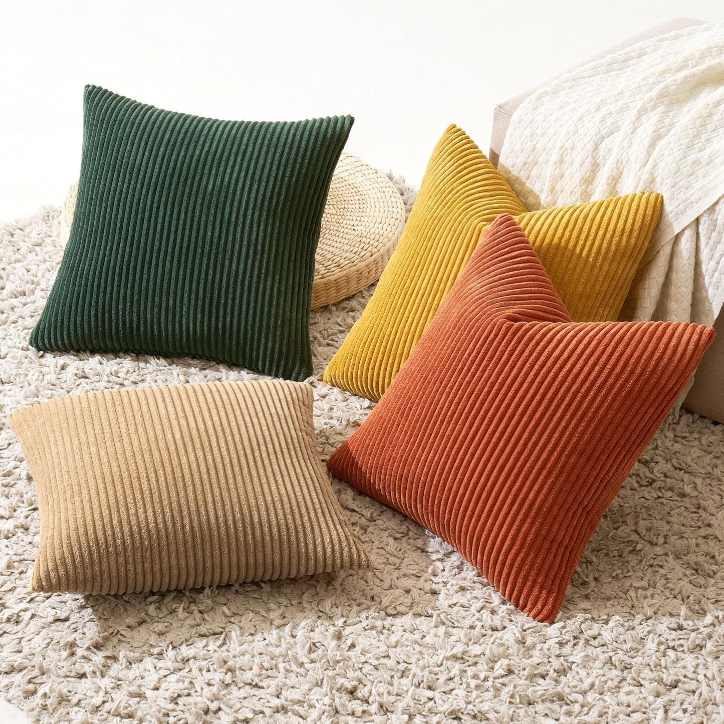 MIULEE Fall Pack of 4 Green-Rust Corduroy Decorative Throw Pillow Covers 18x18 Inch Soft Boho Striped Pillow Covers Modern Farmhouse Home Decor for Winter Sofa Living Room Couch Bed