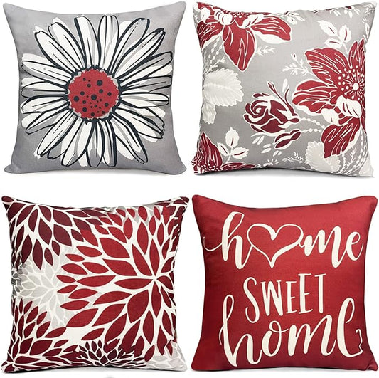 Decorative Throw Pillow Covers Set of 4 Wine Red Pillow Covers 20x20 inch Throw Pillow Cases Linen Square Pillow Case,Farmhouse Outdoor Modern Pillow Covers for Couch Sofa Living Room