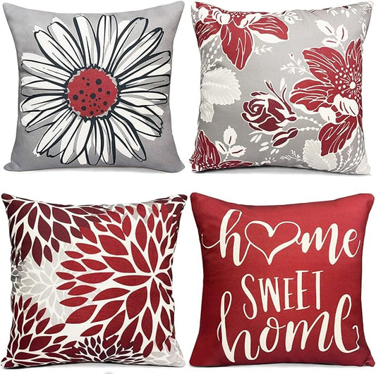 Decorative Throw Pillow Covers Set of 4 Wine Red Pillow Covers 22x22 inch Throw Pillow Cases Linen Square Pillow Case,Farmhouse Outdoor Boho Striped Pillow Covers for Couch Sofa Living Room