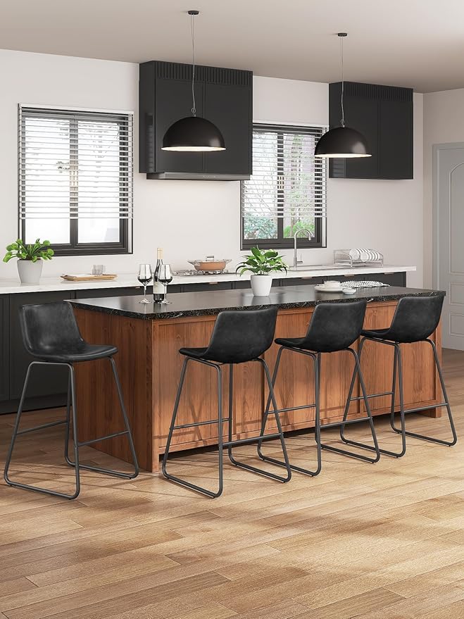 Bar Stools Set of 2, 26 Inches Counter Height Bar Stools with Back, Modern Faux Leather Barstools with Metal Legs and Footrest, Bar Chairs for Kitchens Island (Black)