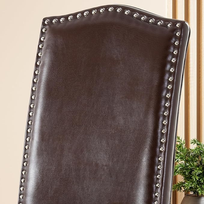 Stylish Upholstered Parsons Dining Chair PU Faux Leather with Silver Nailhead Trim and Sturdy Solid Wood Legs