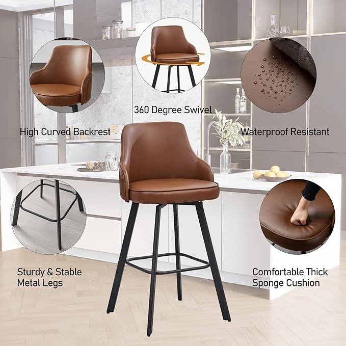 Bar Stools Set of 4, 30" Swivel Bar Height Bar Stools with High Back, Faux Leather Kitchen Bar Chairs Bar Height for Kitchen Island (Dark Brown, 4PCS 30" Bar Stool)