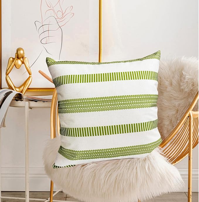 Decorative Throw Pillow Covers Set of 2 Grass Green Boho Striped Pillow Covers 18x18 Inch Throw Pillow Cover Linen Pillowcase Farmhouse Outdoor Pillow Covers for Couch Sofa Living Room
