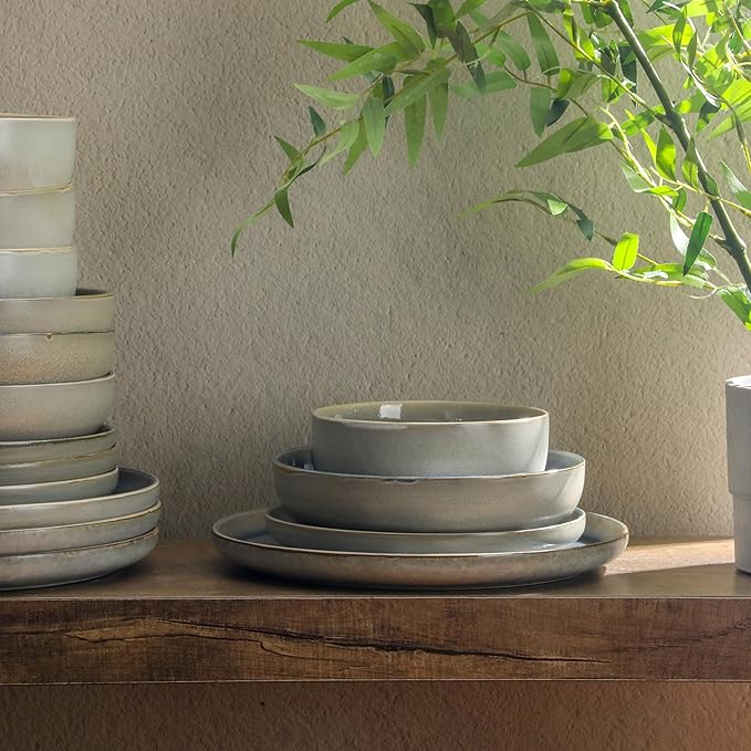 Gibson Elite Sunveil 16 Piece (Service for 4) Plates and Bowls Reactive Glaze Round Dishes Stoneware Ceramic Dinnerware Set -Blue