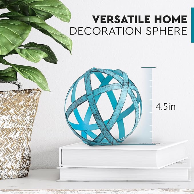 Everydecor Metal Decorative Sphere for Home Decor - Decorative Balls for Shelves, Centerpiece Bowls, Bookshelf - Decoration Orbs Accents for Living Room, Bedroom - Distressed Blue Shelf Spheres