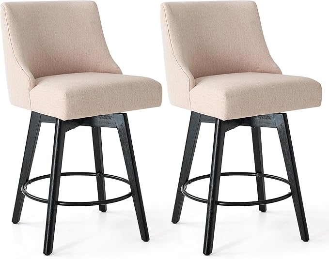 Vipbear Counter Height Bar Stools Set of 2, 26" H Swivel Bar Stools with Backs, Linen Fabric Upholstered Bar Chairs with Solid Wood Legs for Kitchen Island, Dining Room, Home Bar, Beige