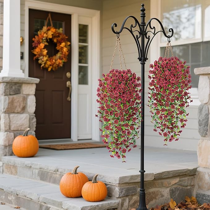 Artificial Mums for Outdoors Fake Hanging Flowers for Fall Decoration, 2 PCS Silk Daisy Flower Realistic Faux Plants UV Resistant for Porch Patio Window Yard Outside Autumn Decor(Brown)