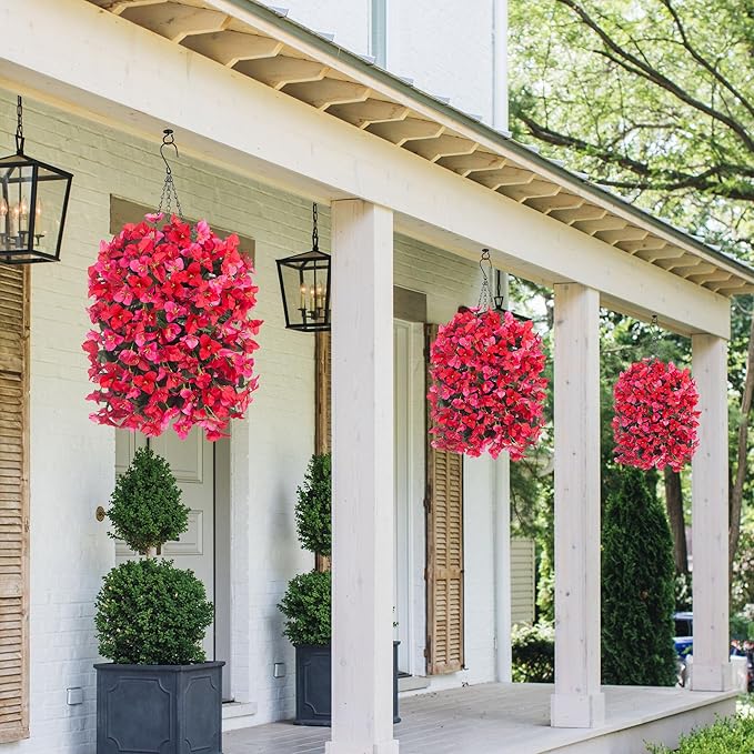 Artificial Bougainvillea Faux Flowers Plants Baskets for Outdoor Outside Decoration, 3 PCS Fake Silk Flowers Long Trailing Vines UV Resistant Realistic for Front Door Porch Patio Balcony, RedHotpink