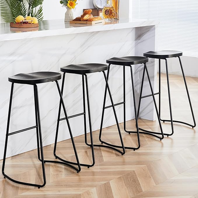 HeuGah Bar Stools Set of 4, Wood Saddle Seat Barstools for Kitchen Island, 30" Black Bar Height Stools with Footrest (Black, 4 PCS 30Inch Barstool)