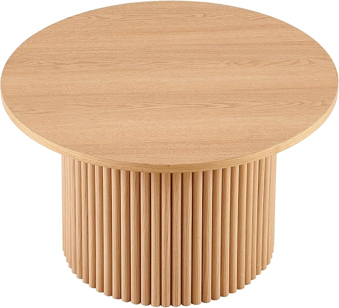 27.5'' Round Dining Table for 4, Modern Wood Farmhouse Kitchen Circle Table with Sturdy Cylindrical Pedastal, Dinner Tables for Dining Room, Living Room Oak
