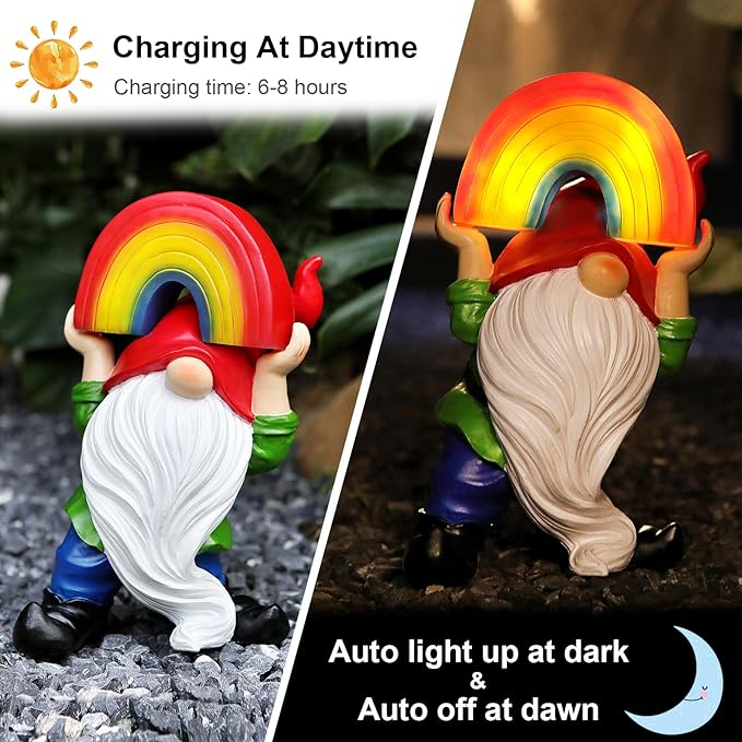 Garden Gnome Statue with Rainbow Solar Lights Large Garden Sculptures Outdoor Decorations Patio Lawn Yard Garden Decor Gifts for Women Mom