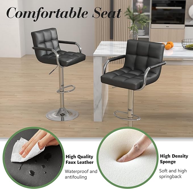 Modern PU Leather Bar Stools Set of 6, Adjustable Swivel Square Bar Chairs, Counter Height Barstools with Arms and Large Base for Island/Kitchen(Black)
