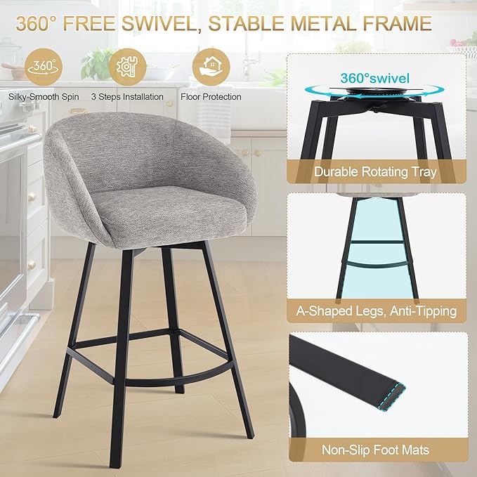 Zesthouse Swivel Counter Height Stools Set of 2, Modern Bar Stools for Kitchen Island, 26" Upholstered Kitchen Counter Height Barstools with Barrel Arms & Backs, Grey Linen Fabric Bar Chairs