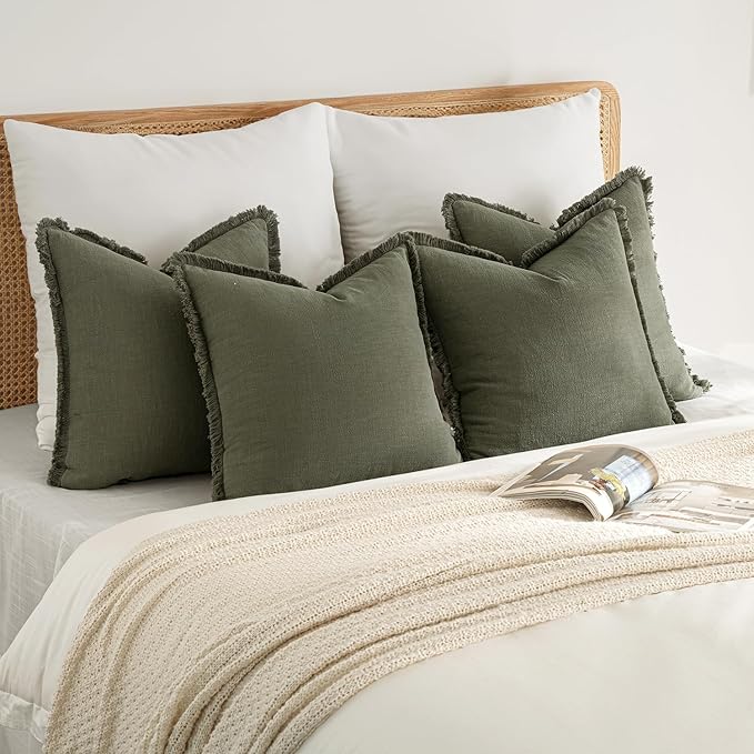 MIULEE Decorative Couch Pillow Covers Neutral Linen Fringe Throw Pillows Set of 4 Boho Farmhouse Cushions Soft Accent Pillowcases for Bed Couch Sofa Living Room Home Decor 18x18 Inch Olive Green
