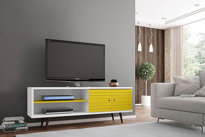 Manhattan Comfort Liberty Mid Century Modern TV Stand for Televisions up to 60 Inches, Bedroom and Living Room Entertainment Center with Storage, Shelves, and Cabinet, 63" Wide, White/Yellow