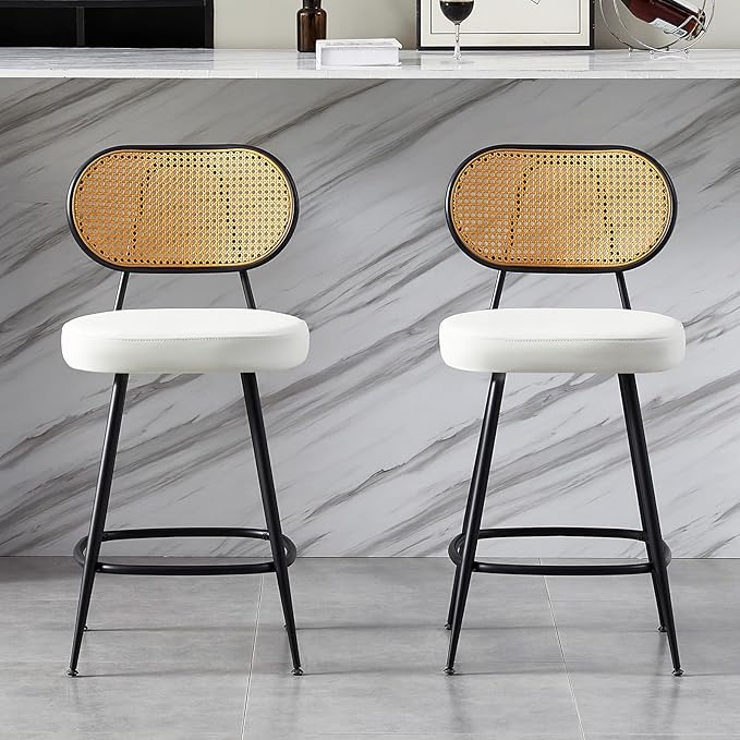 26" Rattan Barstools Set of 2, Counter Height Bar Chair with Black Metal Legs, Modern Armless PU Leather Pub Chair,Adjustable Feetpads Stools for Home Counter,Kitchen Dining Island,Cafe(White)