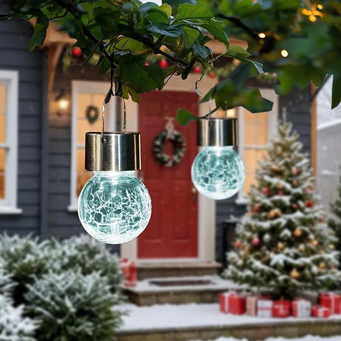 GIGALUMI 12 Pack Solar Outdoor Lights, Solar Hanging Lights for Christmas Decoration-Cracked Glass Solar Lights Outdoor Waterproof for Garden, Yard, Fence, Tree(Cold White)