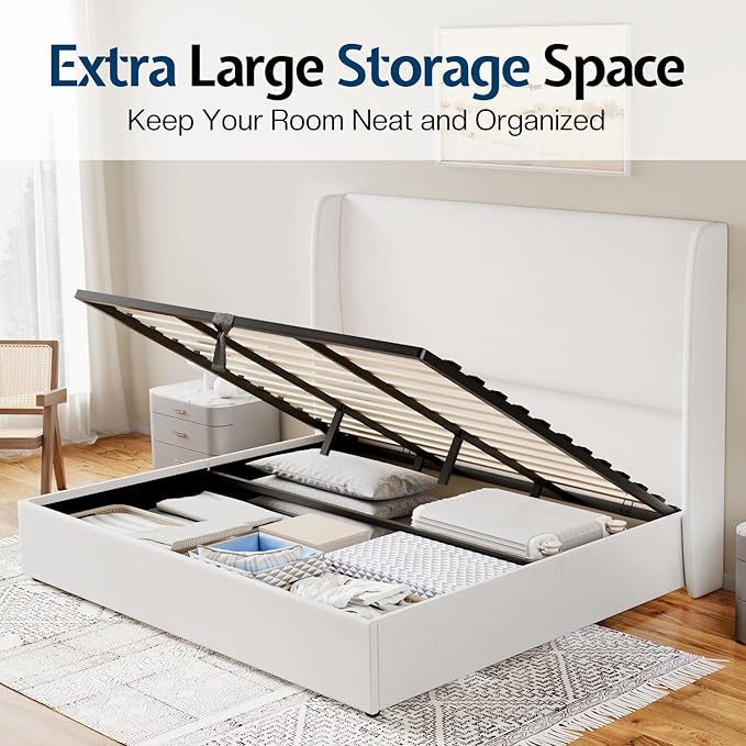 Jocisland King Size Bed Frame with Storage - Upholstered Lift Platform Bed, Wingback Headboard, Hydraulic System, No Box Spring Needed, Wood Slats Support, White