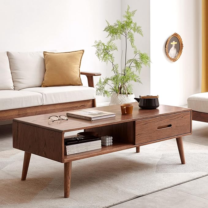 100% Solid Wood Coffee Table for Living Room, 47.24" W Oak Coffee Table with Storage Shelf and 2 Drawers, Mid-Century Modern Coffee Tables for Home (Oak Walnut Colour)