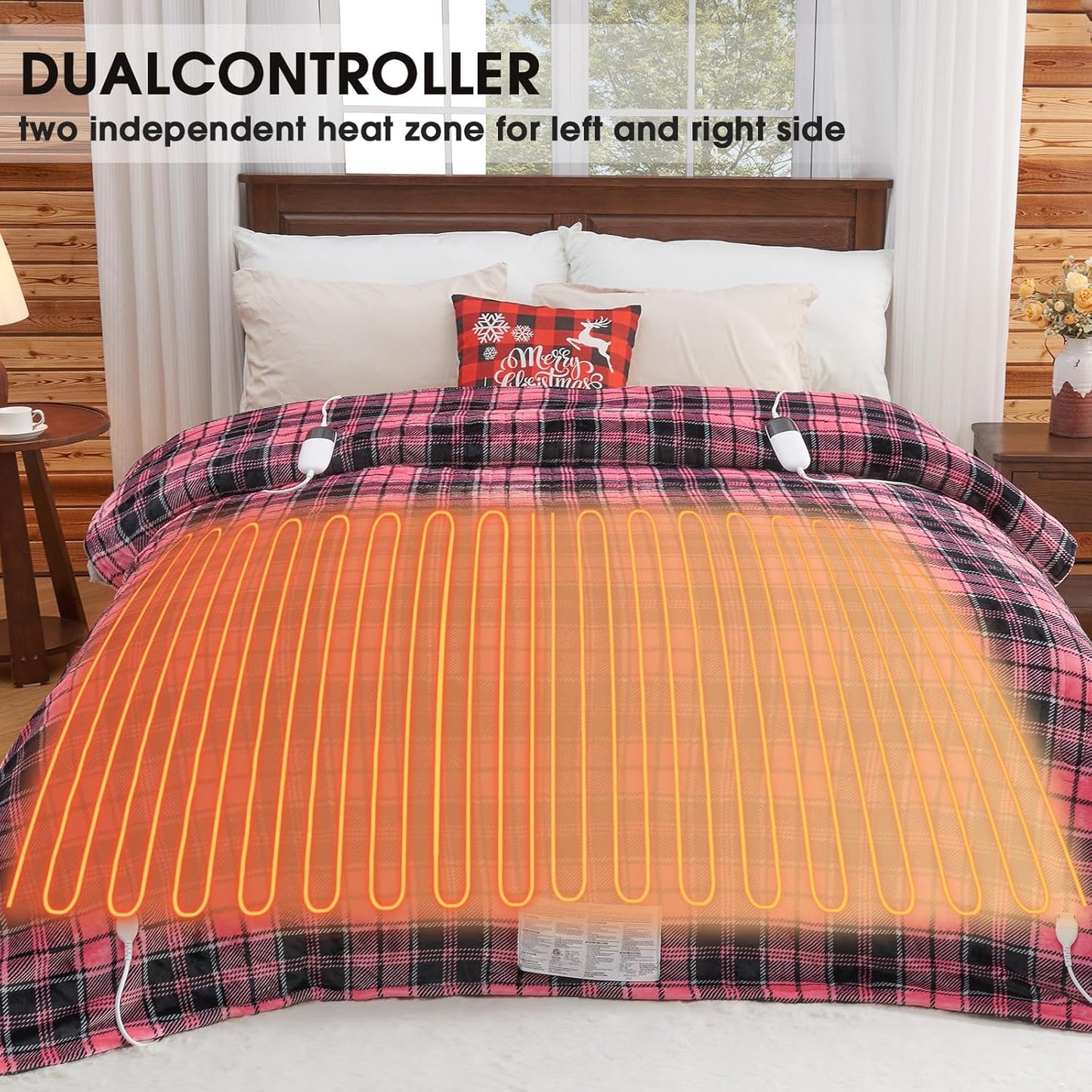 Pink Heated Blanket Electric, Queen Size 84X90, 10 Heat Levels/8 Hours Auto Off/Dual Control for Bed, Blue Plaid Checkered Sherpa Blanket Warmer for Adult, Washable Gift, ETL