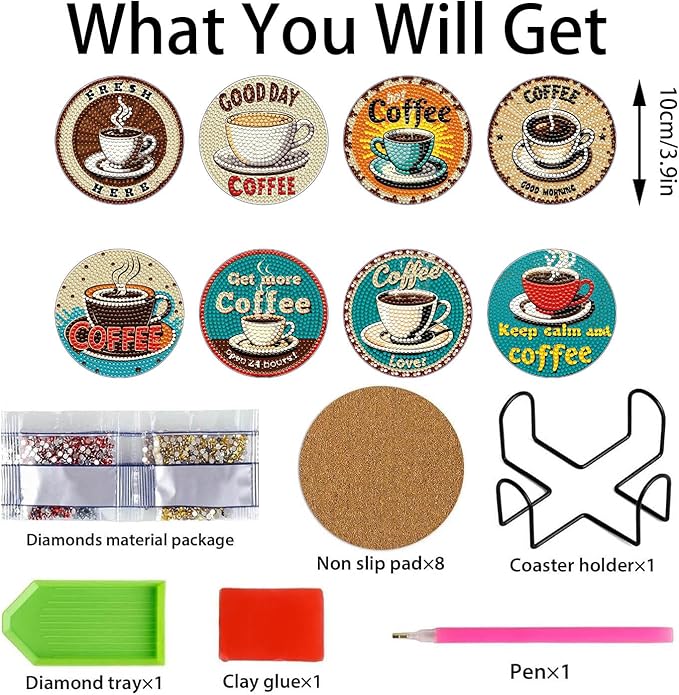 8 PCS Coffee Diamond Art Coasters Kits, Diamond Painting Coasters with Holder Set of 8, DIY Drink Coasters Art Crafts Supplies for Adults Cup Mat for Home Decor House Warming Gifts Non-Slip 3.9inch