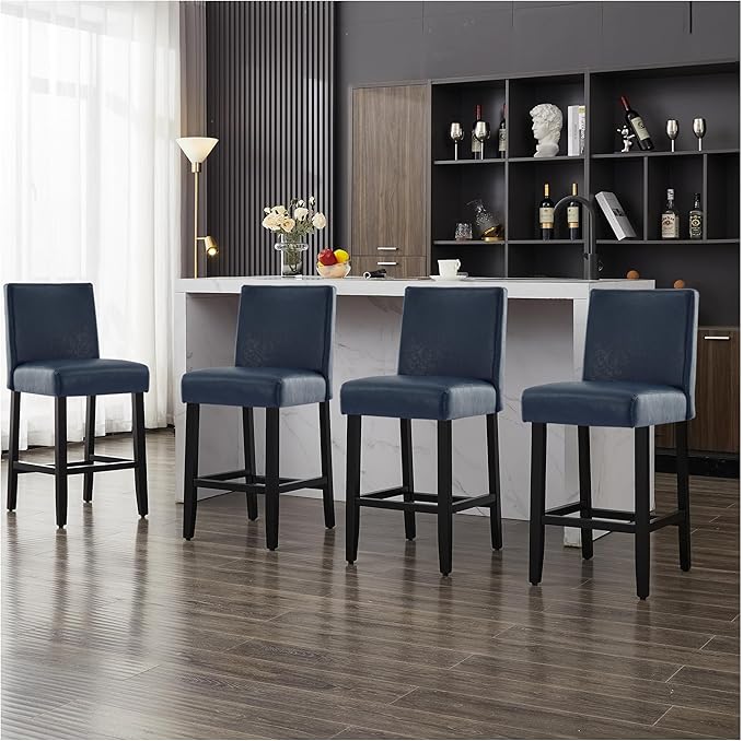26'' Faux Leather Bar Stools Set of 4, Modern Upholstered Bar Chairs with Back, Soild Wood Legs Barstools for Kitchen Island, Blue