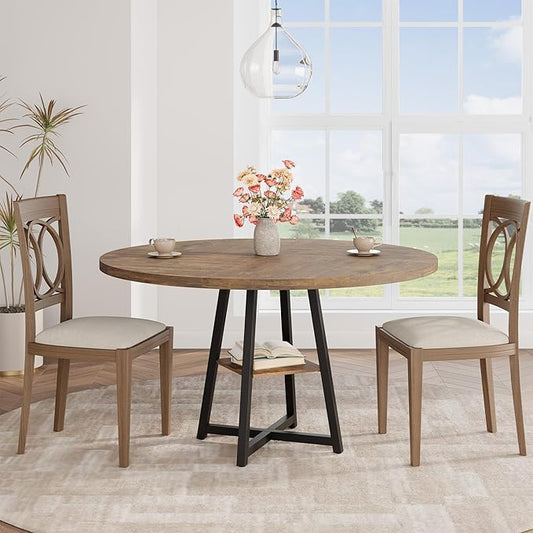GAOMON Round Dining Table for 4-6 People, 47 Inch Brwon Dinner Room Pedestal Table with Storage Shelf, Industrial Circle Kitchen Table for Kitchen, Dining Room, Space Saving