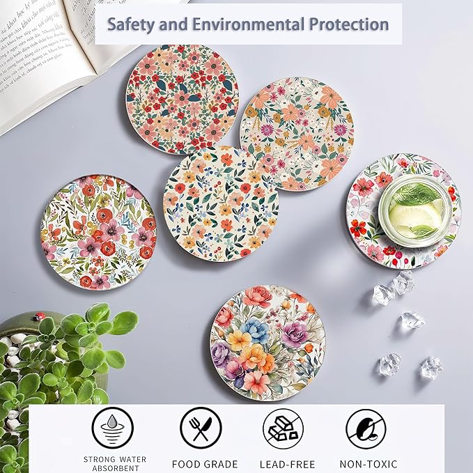 6 Pcs Coasters for Drinks with Holder, Vintage Watercolor Flowers Absorbent Ceramic Coasters with Cork Base,Cute Funny Table Drinks Coasters Tabletop Protection Mat,Table Home Decor,4 Inches
