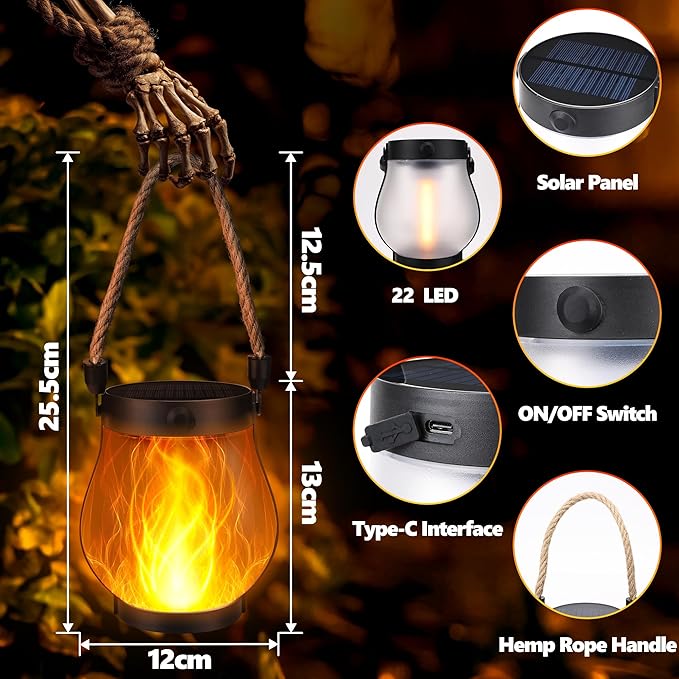 Solar Flame Lantern Hanging Outdoor Waterproof Purple - 2 Pack Flame Lanterns with Dual Charging Modes of Solar & USB for Garden or Yard Decorations (Warm White - 1 Pack)