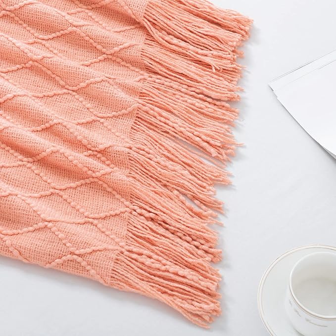 BOURINA Orange Throw Blanket 50x60 Inches Throw Textured Solid Soft Sofa Couch Decorative Knit Blanket