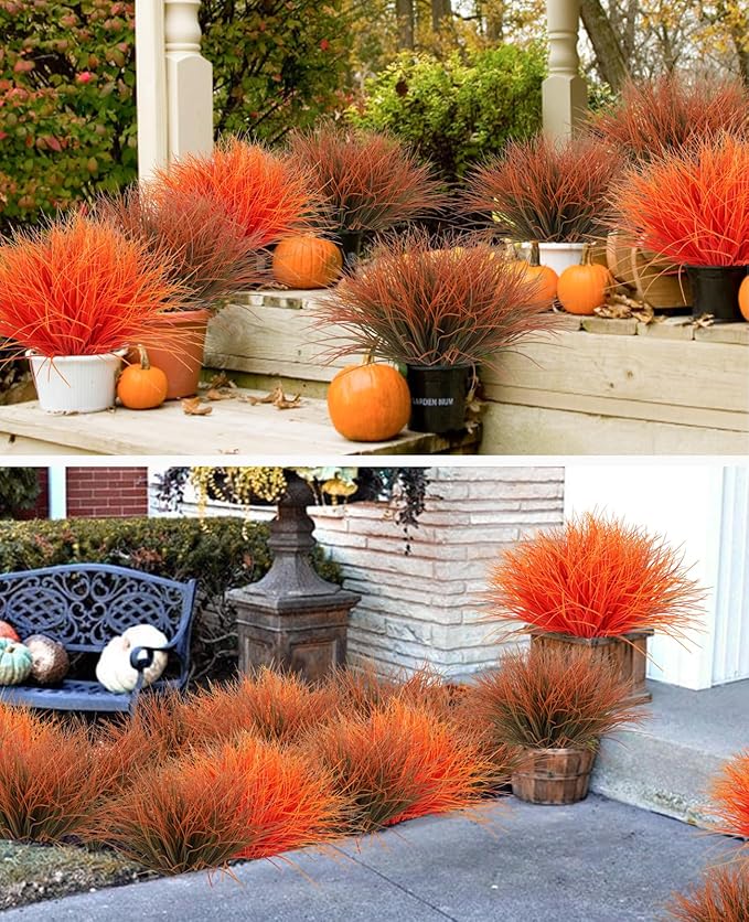 Artificial Fall Plants for Outdoors,Fake Grass Plant,Fall Leaf Stems,UV Resistant Greenery Fake Bushes Artificial Shrubs Wheat Grass Greenery Burnt Orange Plant Filler for Autumn House (Orange)