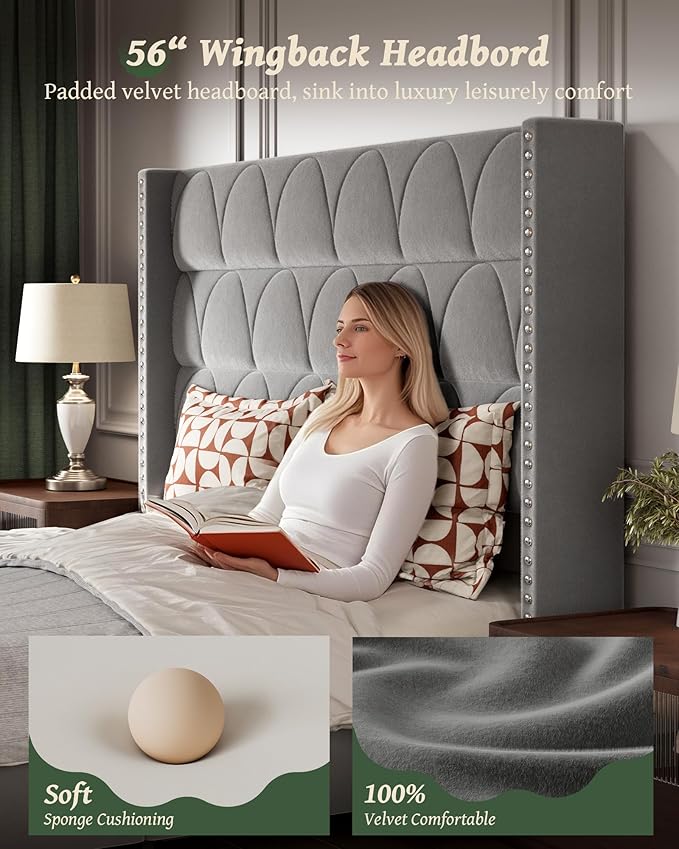 King Size Bed Frame with 56" Headboard - 1000LBS Capacity Support, Velvet Upholstered Wingback Platform Bed Frame, Noise Free, Sturdy Wooden Slat Support