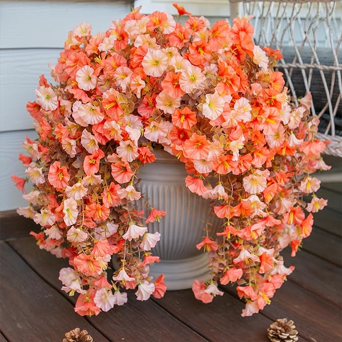 2 PCS Artificial Faux Fall Hanging Flowers Plants for Outdoor,Fake Silk Morning Glory with Eucalyptus UV Resistant Mums for Wall Home Porch Patio Balcony Yard Indoor Decor (Fall Orange+Light Orange)
