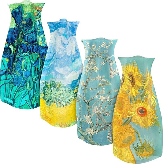 MODGY Expandable Flower Vase Set, Plastic Decorative Modern Foldable Printed Vases for Centerpieces for Wedding, Dining Table, Home Decor, Living Room, Bathroom, Office, Vincent Van Gogh, 4 Pack