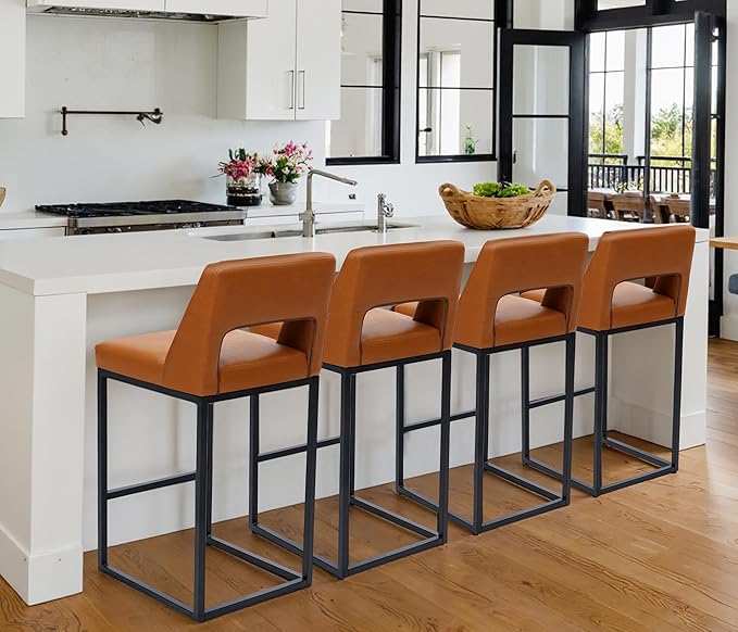 Counter Height Bar Stools Set of 4 for Kitchen Counter Modern Bar Chairs with Backs for Kitchen Island with Upholstered Faux Leather Seat and Metal Frame, 26 Inch, Light Brown