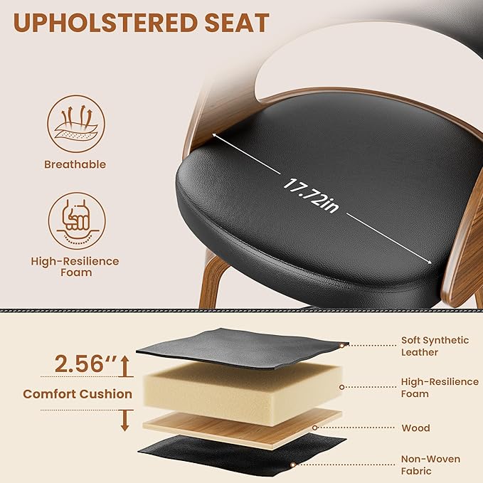 Bar Stools Set of 6, 26" Counter Height Barstools with Bentwood Legs, Swivel Counter Stools with Back, Mid Century Modern Faux Leather Upholstered Barstools for Kitchen Island, Black