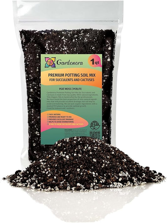 Premium Organic Potting Soil, Succulent & Cactus Soil Mix, Fast Draining Pre-Mixed Blend - Horticultural Perlite (25%) + Peat Moss (75%) - Made in USA - 1 Quart