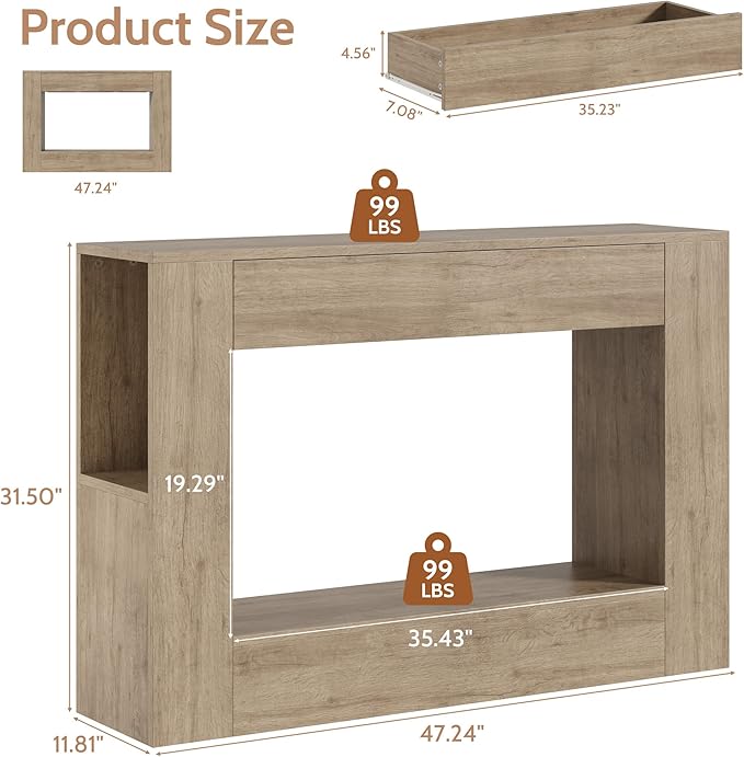 Farmhouse Console Table with Drawer, 47'' Wood Entryway Table with Storage Shelves, Narrow Sofa Table Behind Couch for Living Room, Hallway, Foyer (Gray)
