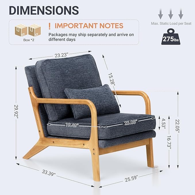 Modern Accent Chair Set of 2 with Lumbar Pillow, Relaxing Mid Century Chair Armchair with Solid Wood Frame & Soft Cushion, Reading Leisure Armchair for Living Room, Blue