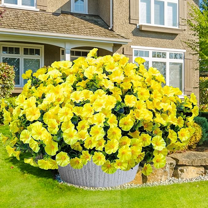 Artificial Outdoor Flowers 16 Bundles Fake Morning Glory Flower Outdoor UV Resistant Plastic Faux Flowers Plants for Decoration Indoor Outdoor Hanging Window Box Planter Home Porch Decor (Yellow)